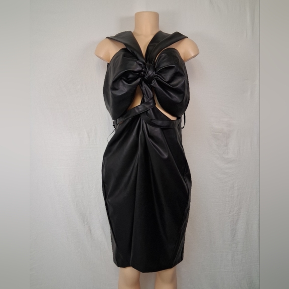 FTF Strapless Black Faux Leather Knot-Front Evening Dress Midi - Picture 5 of 16